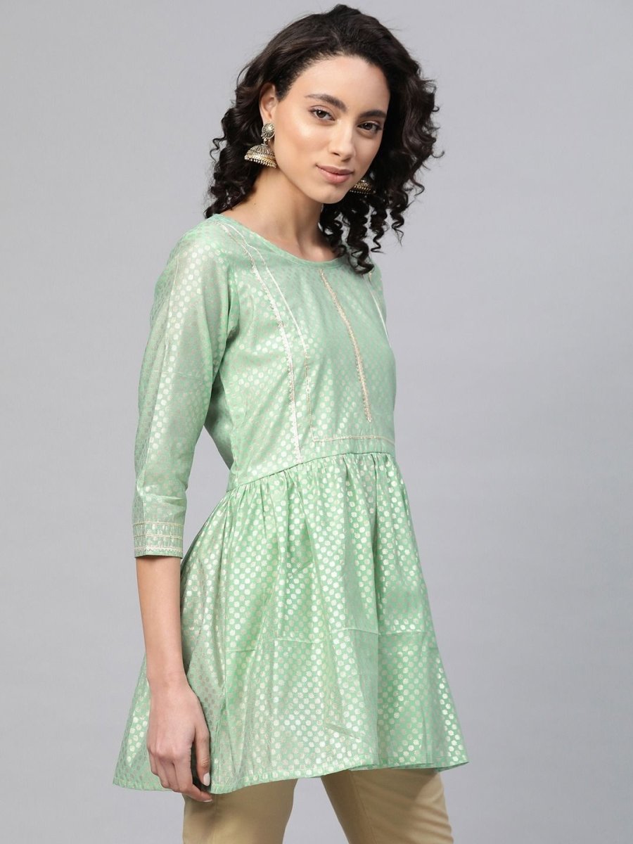 Ahalyaa Women Sea Green Chanderi Silk Golden Printed Tunic | Swadesiicart