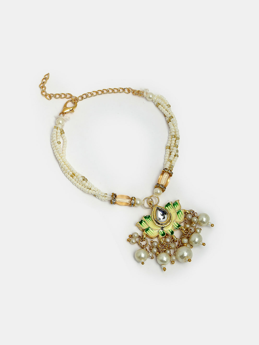 NVR Women & Men Set of 2 Green Lotus Shape Kundan-Studded & Beaded Handcrafted Wraparound Rakhi Set With Roli Chawal | Swadesiicart