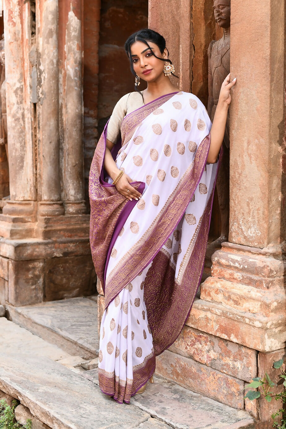 Joban Fashion Light Purple Crepe Chiffon Pure Handloom Banarasi Silk Saree | Swadesiicart