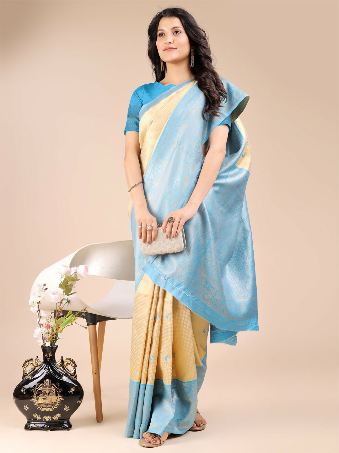 Astita Aura Silk Cream Sky Blue Banarasi Silk Saree | Swadesiicart