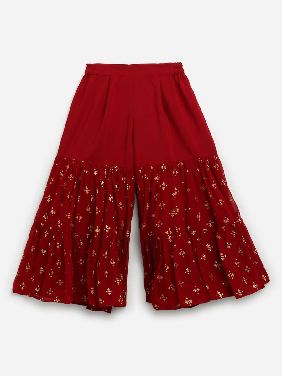Ahalyaa Maroon Georgette Gold Foil Print Kids Peplum style Kurta Sharara Set With Dupatta For Girls | Swadesiicart