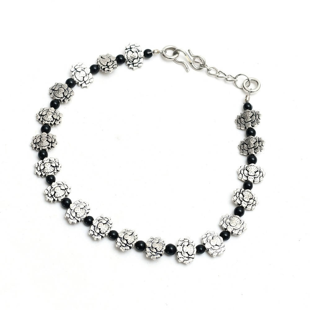 Mominos Fashion Kamal Johar Oxidised Silver Black Beads Anklets | Swadesiicart