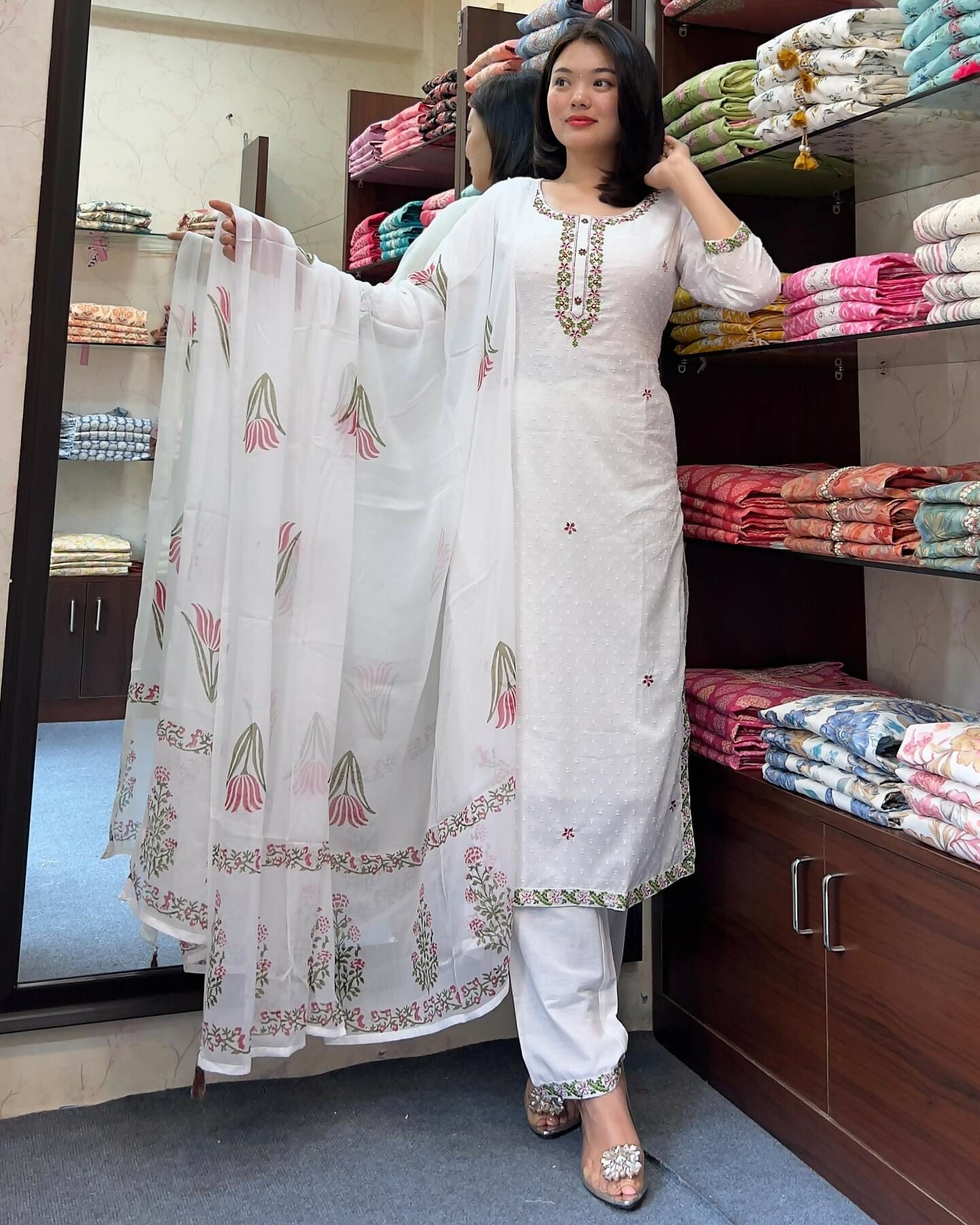 The52 White Women's Gorgeous Georgette Butti Fabric Embroidered Work Straight Kurta Pant and Dupatta Set - Swadesiicart