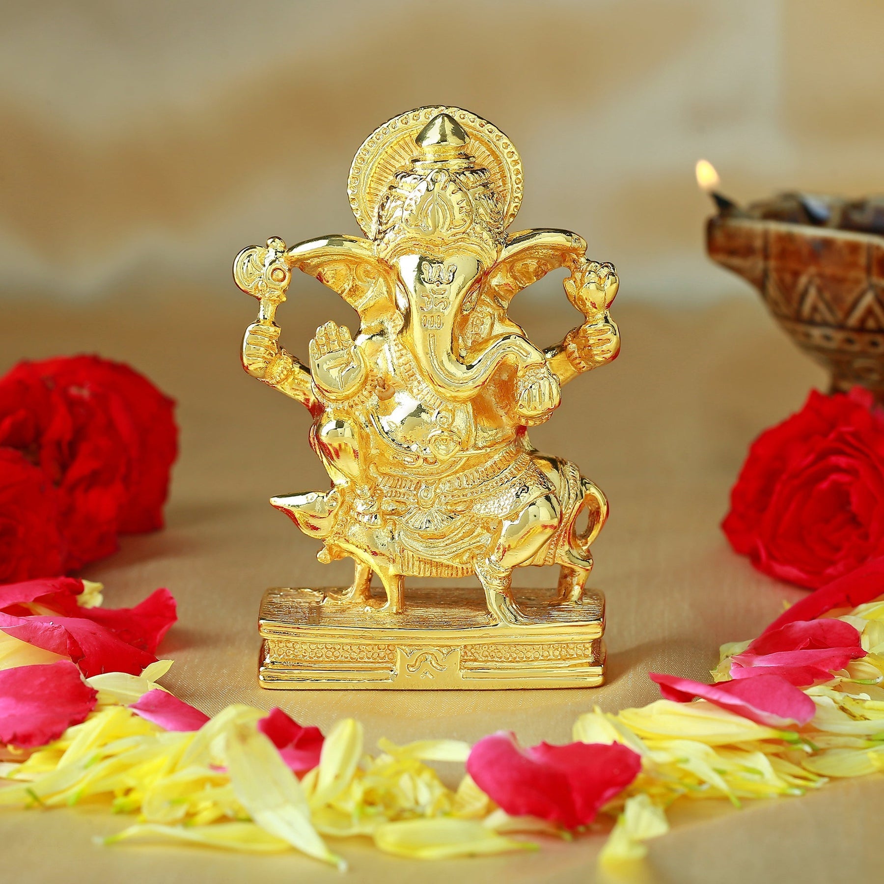 Estele Gold-Polished Spiritual Lord Ganesh Idol/Deity|Showpiece for Pooja Mandir/Car décor - Swadesiicart