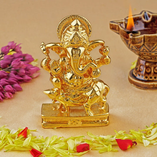 Estele Gold-Polished Spiritual Lord Mooshak Ganesha Idol for Gifts & HouseWarming/Home/Office Decors - Swadesiicart