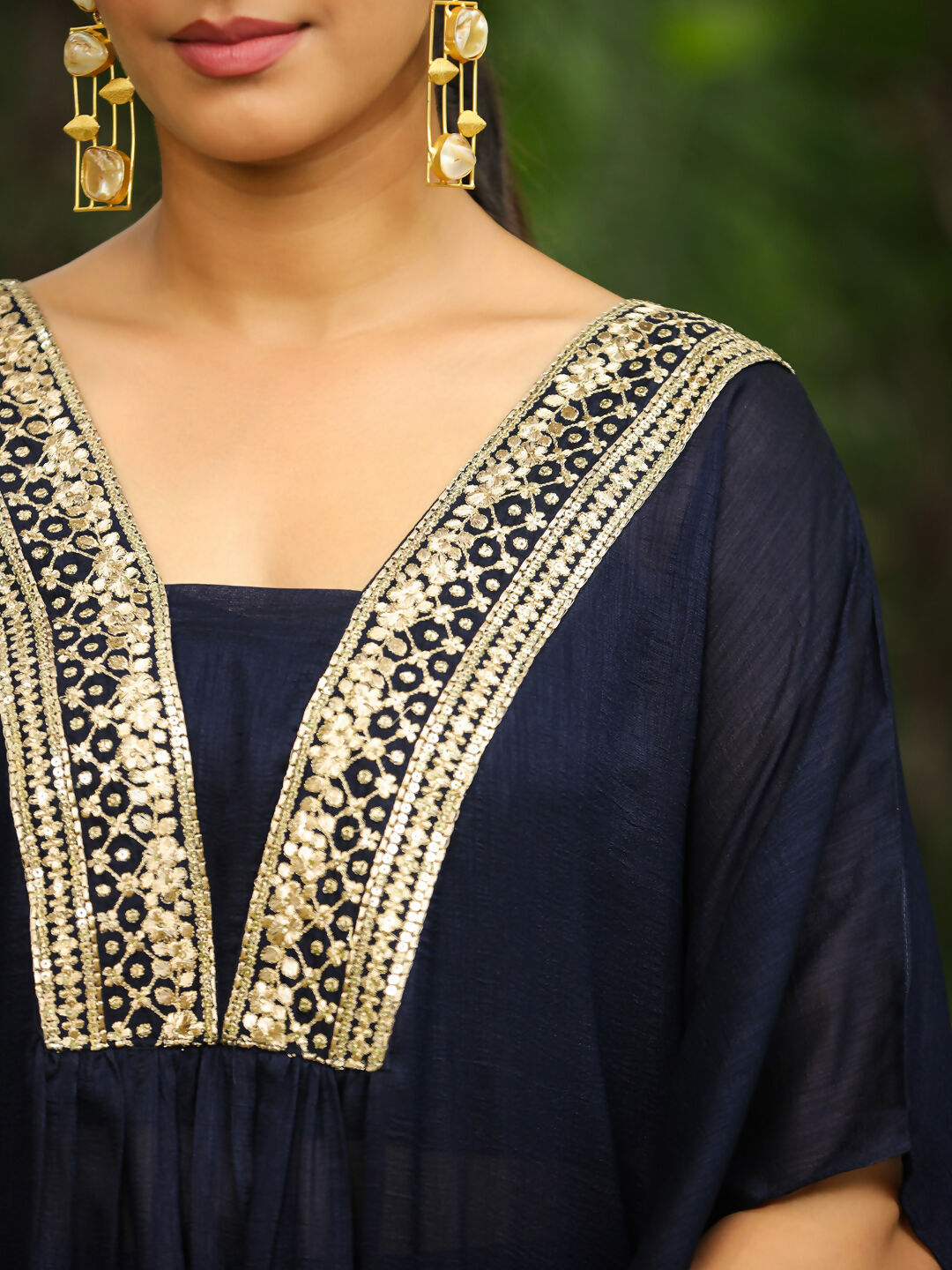 Janasya Navy Blue Silk Blend Yoke Embroidery Co-Ords - Swadesiicart