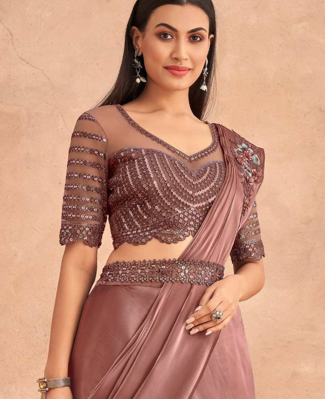 Dark Mauve Satin Embroidered Ready To Wear Saree With Unstitched Blouse Piece - Nandika | Swadesiicart
