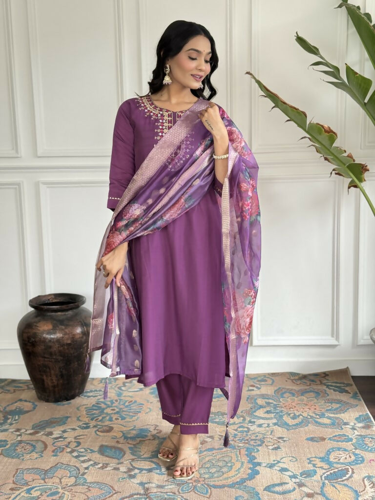 Purple Viscose chanderi Stitched Suit With Dupatta - Tanisha | Swadesiicart