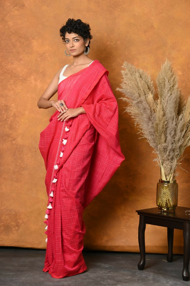 Very Much Indian Mul Cotton Khadi Design Handloom Woven Saree - Pink | Swadesiicart