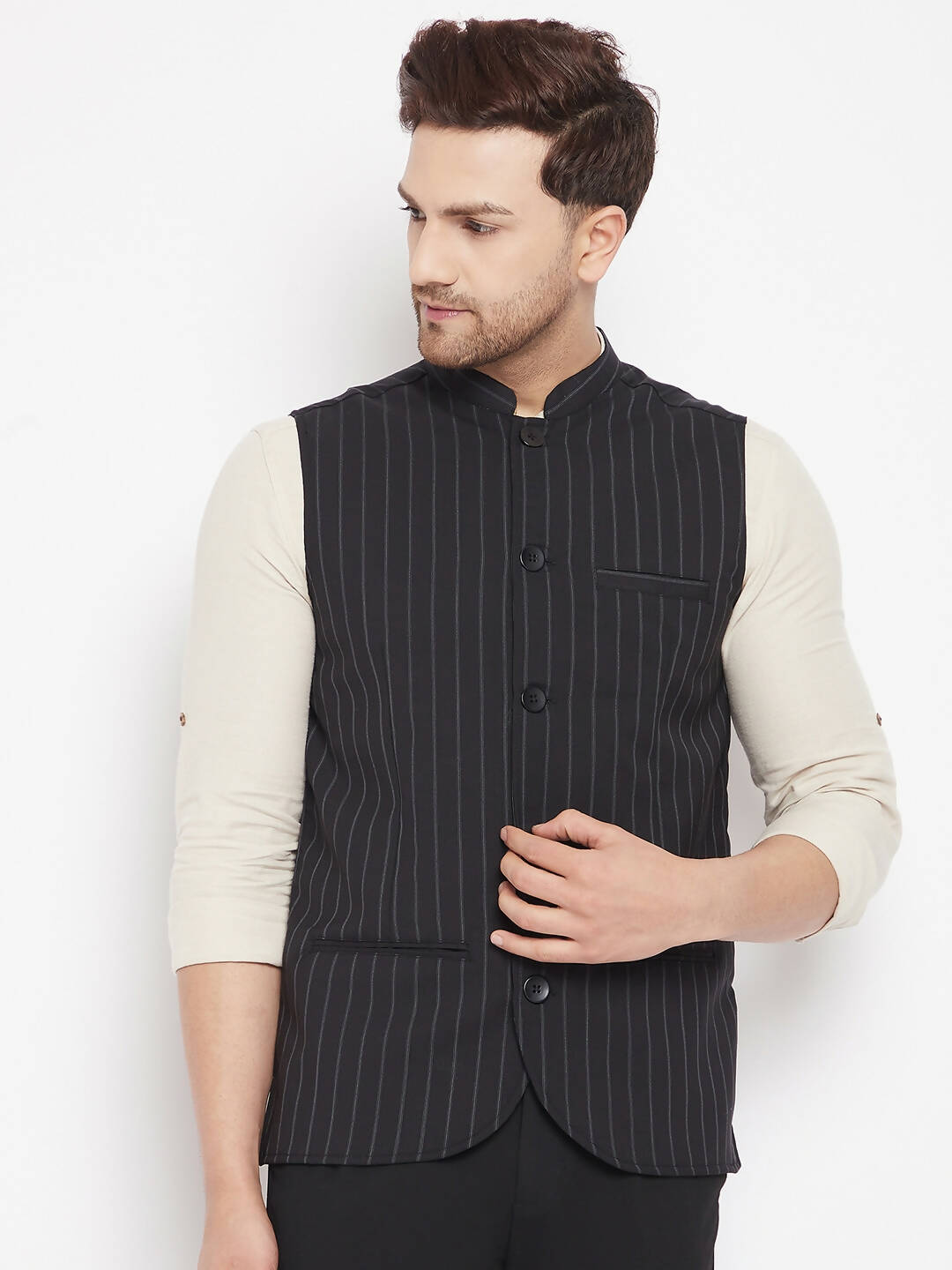 Even Apparels Black Merino Men Woven Nehru Jacket | Swadesiicart