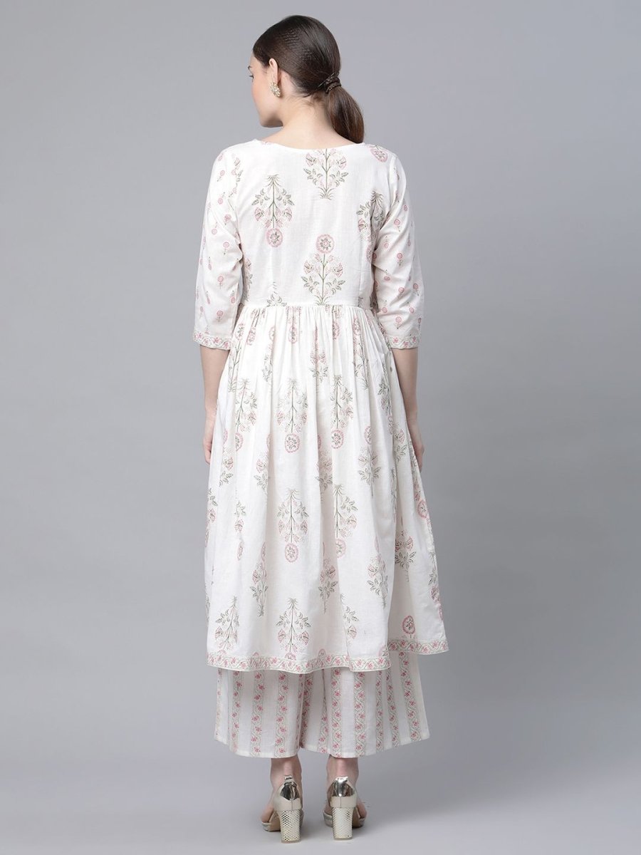 Ahalyaa Women's Off White Pure Cotton Printed Kurta Palazzo Set | Swadesiicart