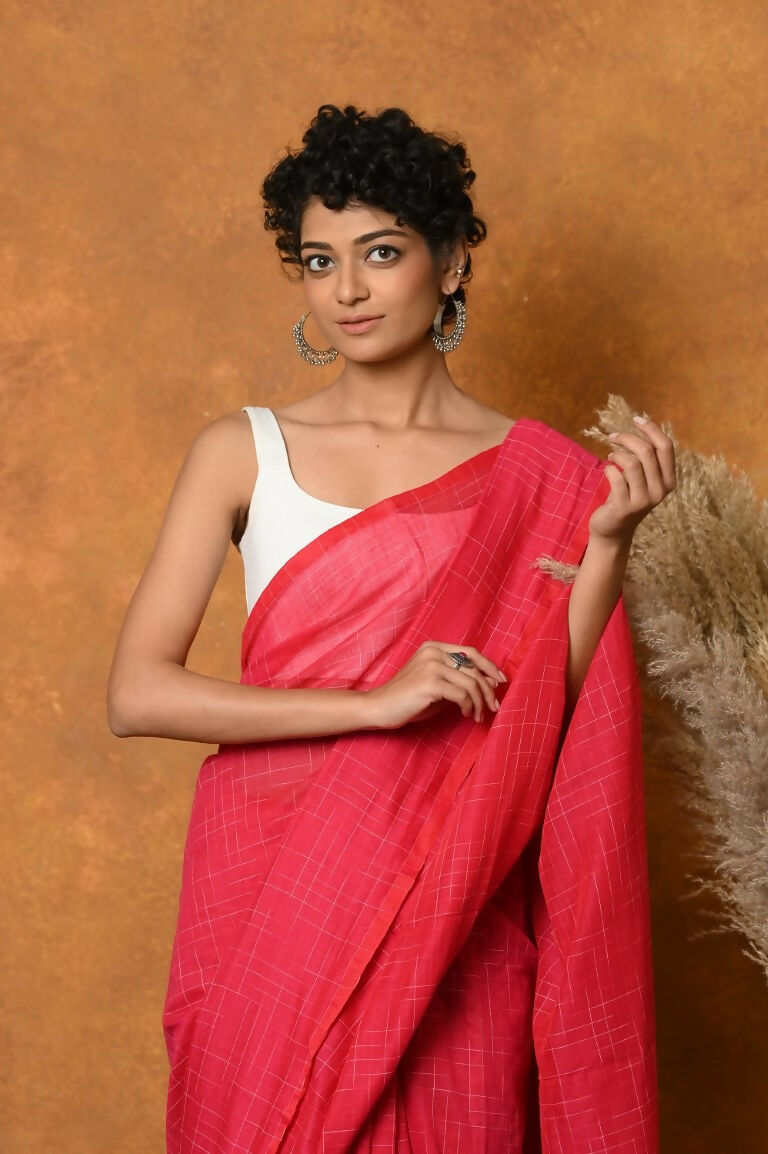 Very Much Indian Mul Cotton Khadi Design Handloom Woven Saree - Pink | Swadesiicart
