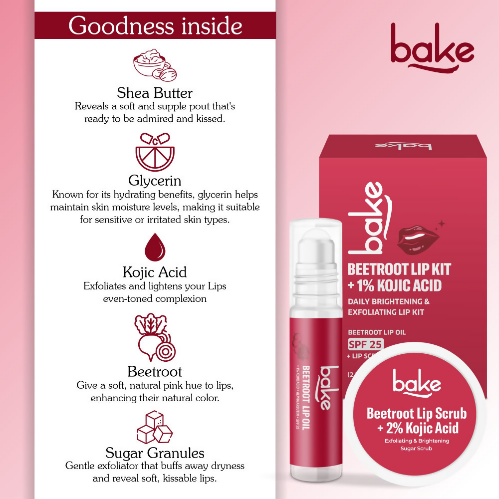 Bake Kojic Acid Beetroot Lip Kit With Lip Balm SPF 25 & Lip Scrub For Dark & Pigmented Lips | Swadesiicart