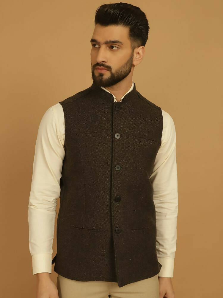 Even Apparels Pure Wool Nehru Jacket - Brown | Swadesiicart