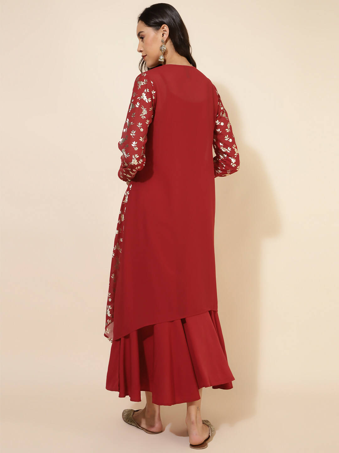 Janasya Women's Red Georgette Foil Printed Festive Flared Dress Set | Swadesiicart