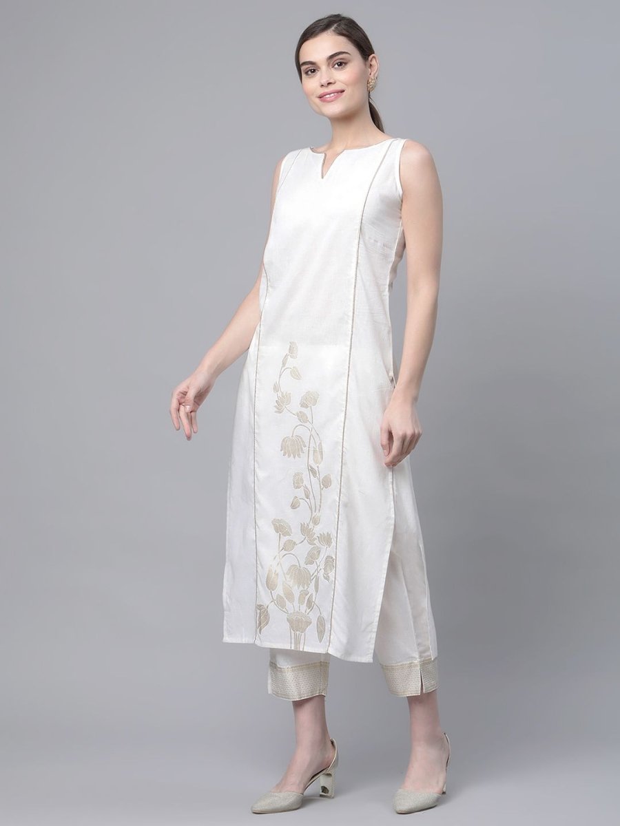 Ahalyaa Women Off White Pure Cotton Printed Kurta with Trousers | Swadesiicart