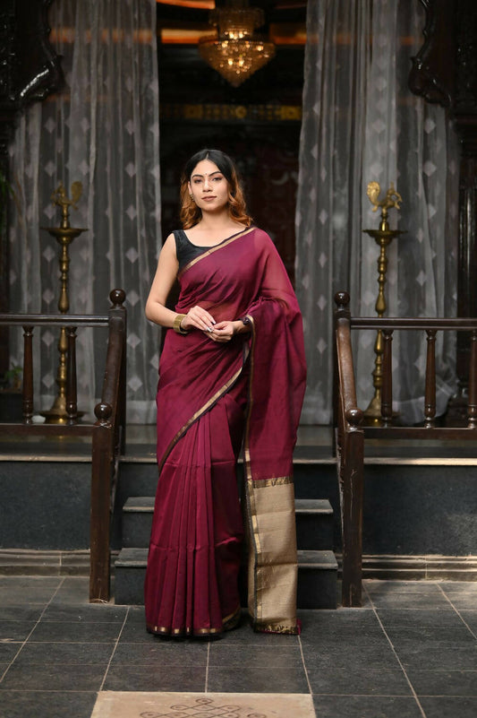 Very Much Indian VMI Exclusive Designer! Handloom Cotton Silk Saree With Sleek Golden Border - Maroon Shade | Swadesiicart
