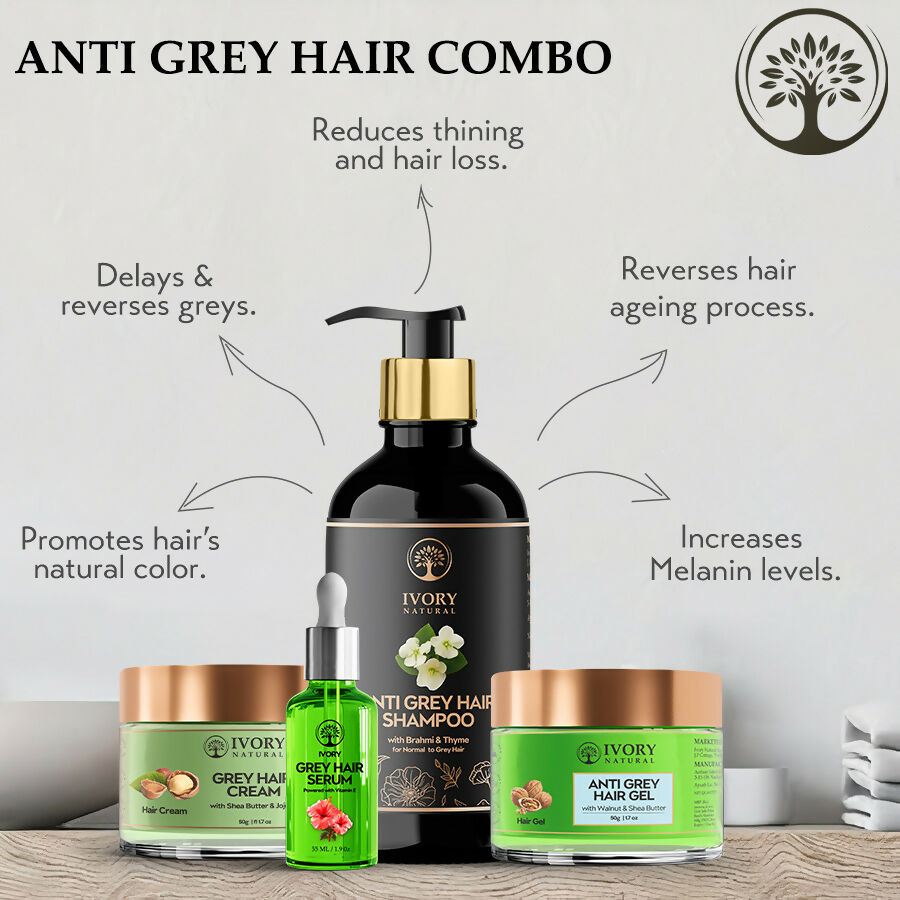 Ivory Natural Grey Hair Advanced Combo (Serum, Shampoo, Cream & Gel) For Both Men & Women | Swadesiicart