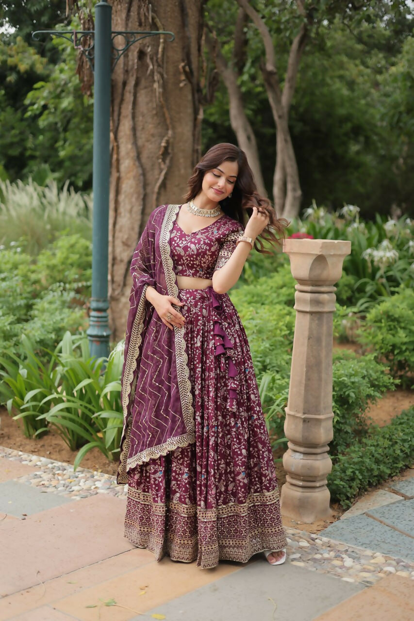 Lorenvalley Wine Pure Viscose Jacquard with Golden Embroidered Sequins work Lehenga Choli | Swadesiicart