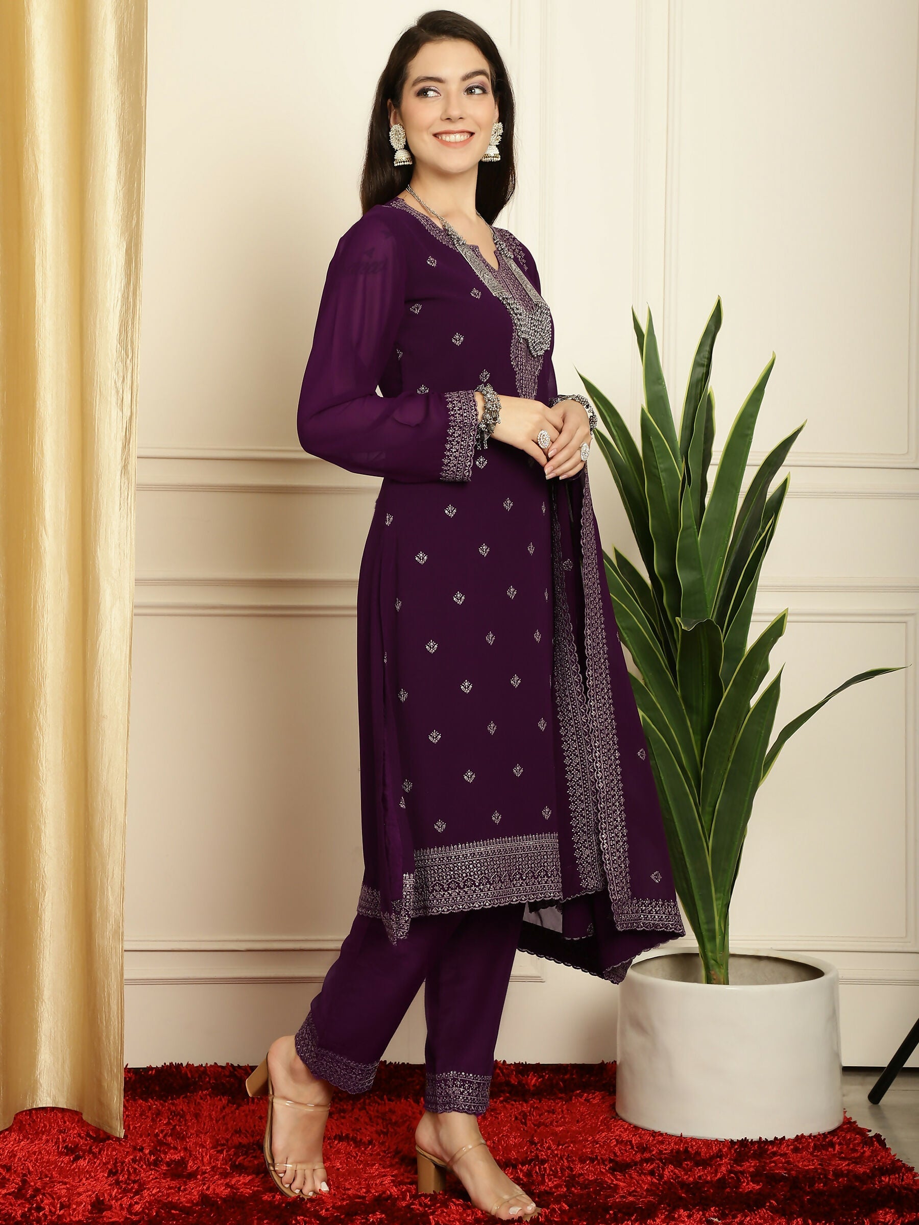 Jyoti Fashion Women's Burgundy Georgette Resham Thread & Sequin Kurta with Trouser & Dupatta | Swadesiicart