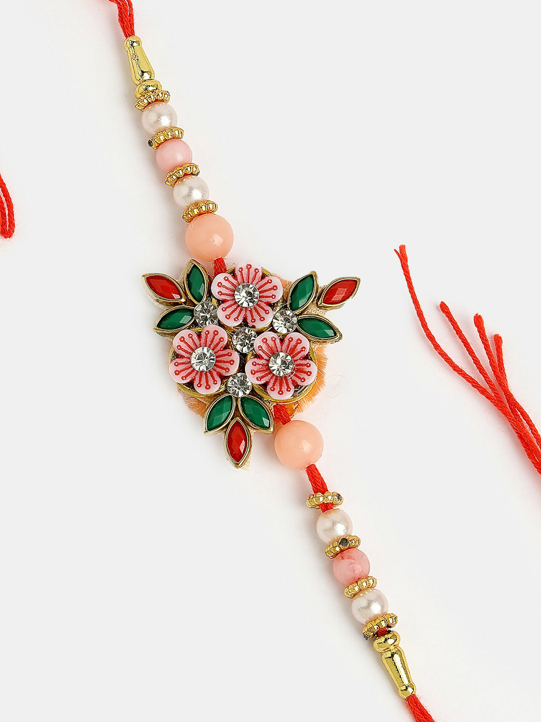 NVR Men Pink Floral Shape Stone-Studdded & Beaded Rakhi With Roli Chawal | Swadesiicart