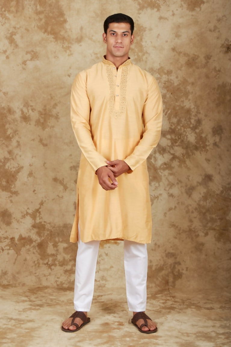 Bluesaanchi Men's Handloom Embroidered Bisque Kurta Set | Swadesiicart