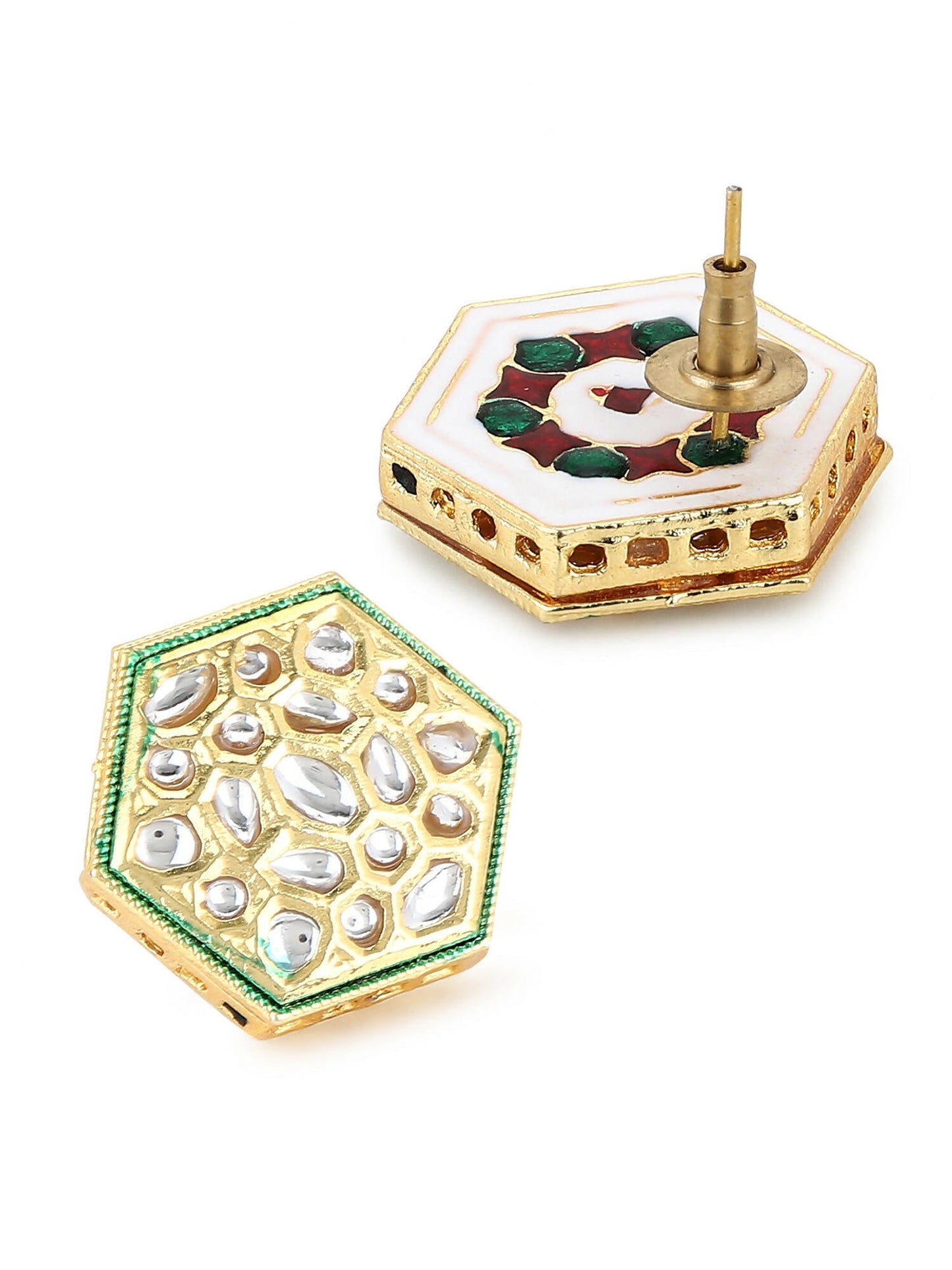Gold-Toned White Kundan Contemporary Gold-Polished Studs Earrings - Ruby Raang - Swadesiicart