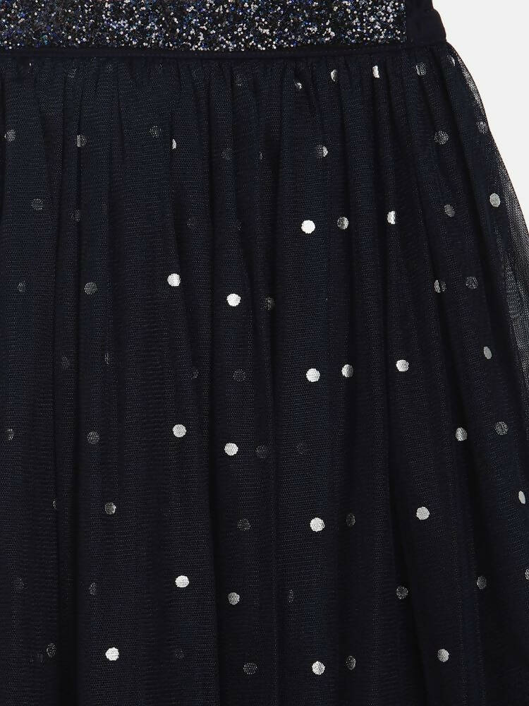 Ahalyaa Navy Blue Net Asymmetric Kids Top With Skirt For Girls | Swadesiicart
