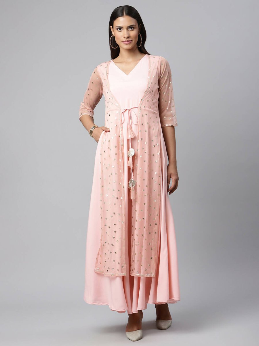 Ahalyaa Women Pink Crepe & Net Foil Print Dress | Swadesiicart