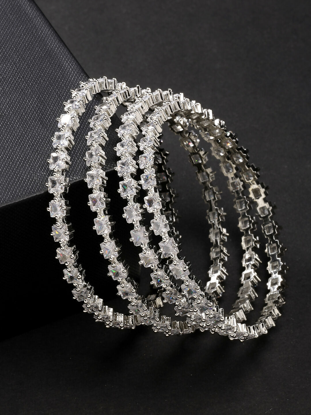 NVR Women's Set of 4 Silver-Plated CZ Stone-Studded Handcrafted Bangles - Swadesiicart