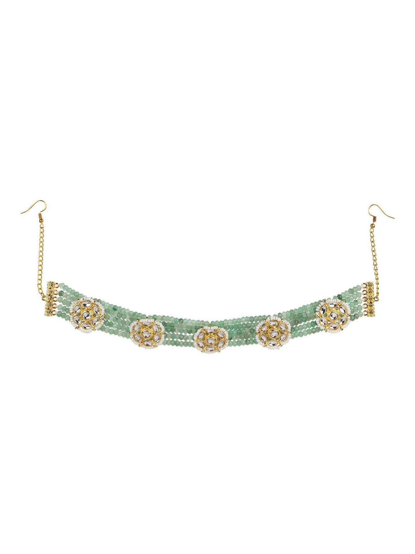 Gold-Polished Green Kundan Studded Headband - Ruby Raang | Swadesiicart