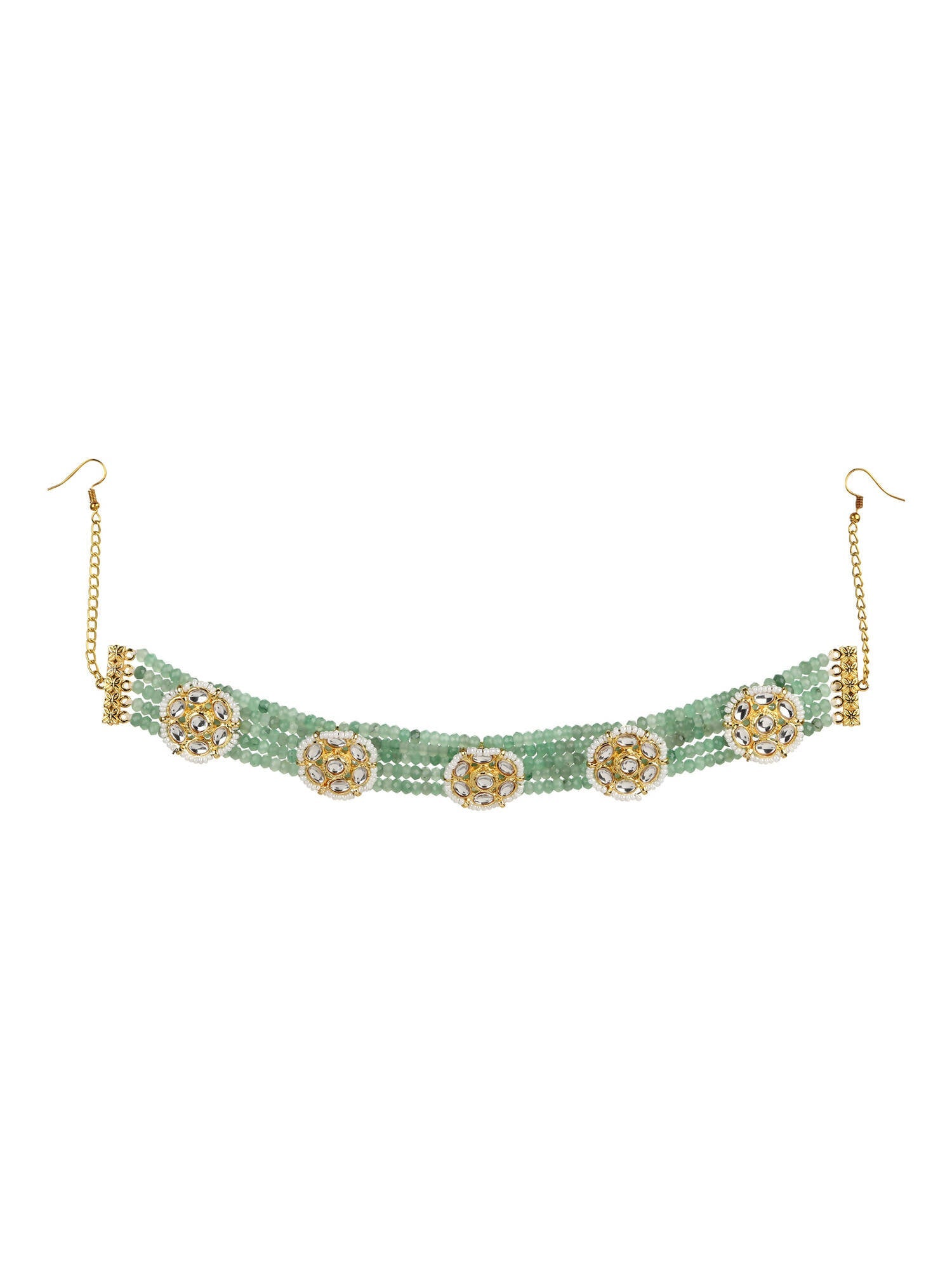 Gold-Polished Green Kundan Studded Headband - Ruby Raang | Swadesiicart