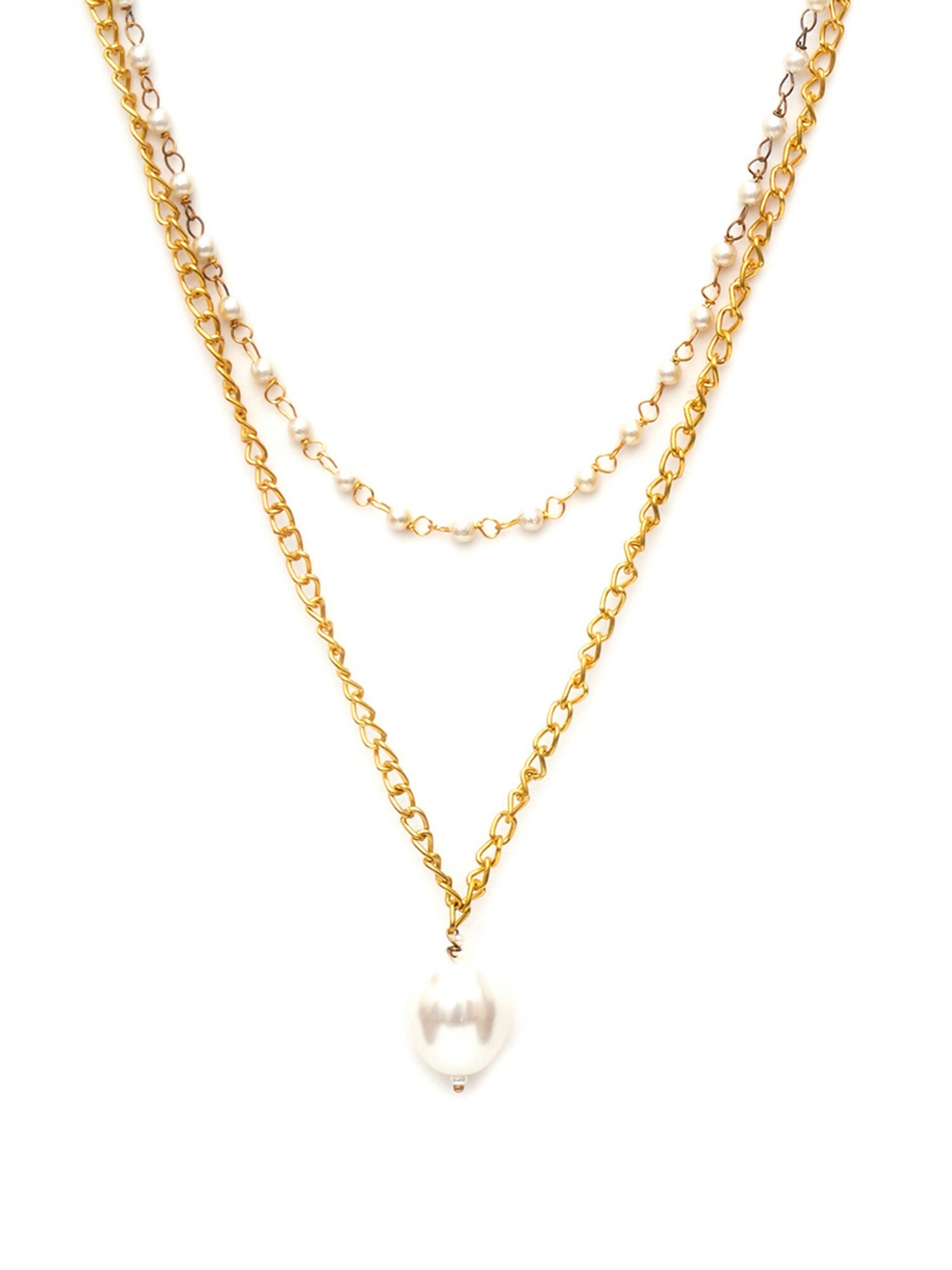 Layered Pearl and Gold Neckpiece with Emeralds (Gold) - Ruby Raang | Swadesiicart