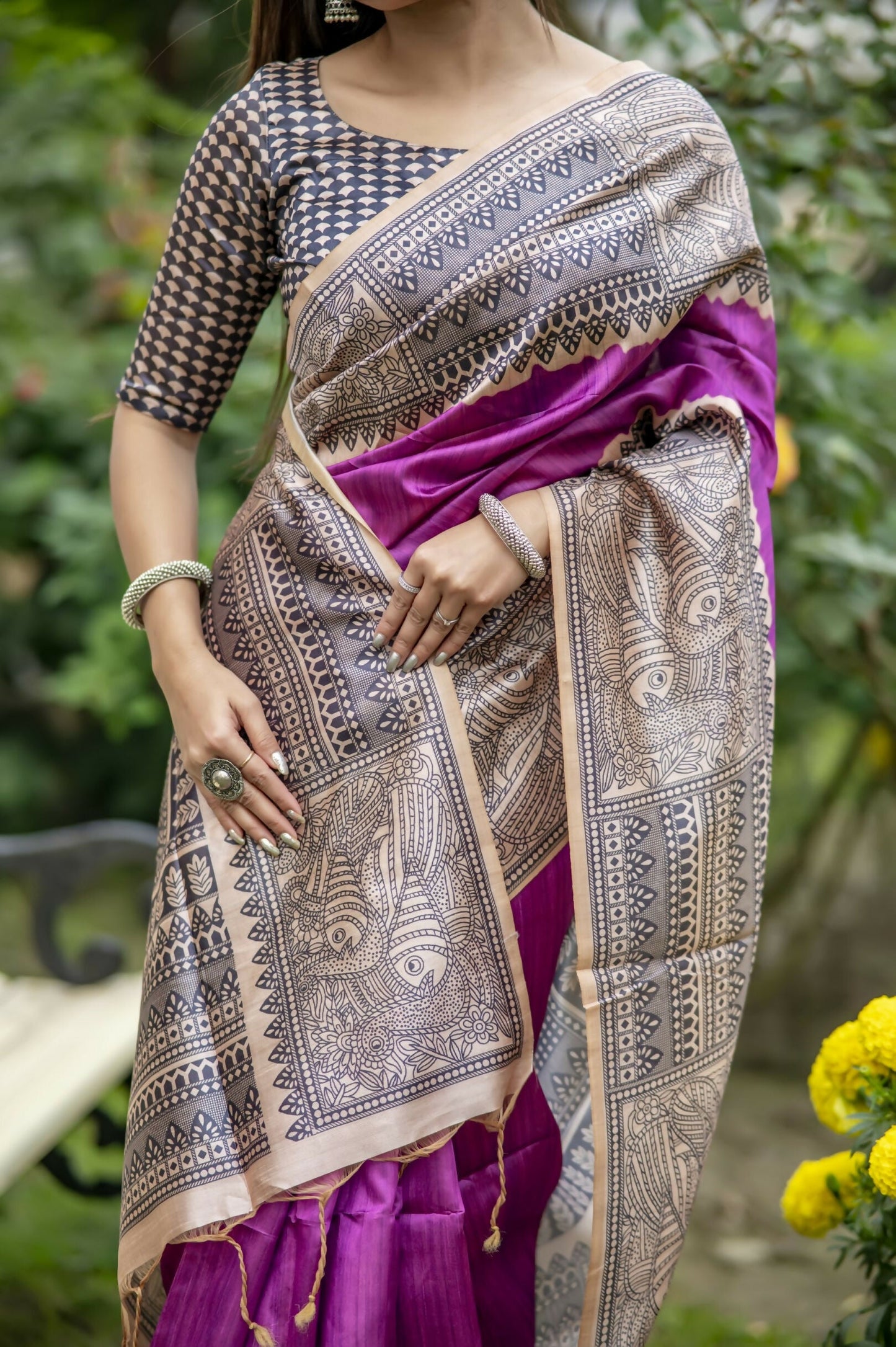 Vishnu Weaves Women's Wine Soft Tussar Silk Saree with Blouse - Swadesiicart