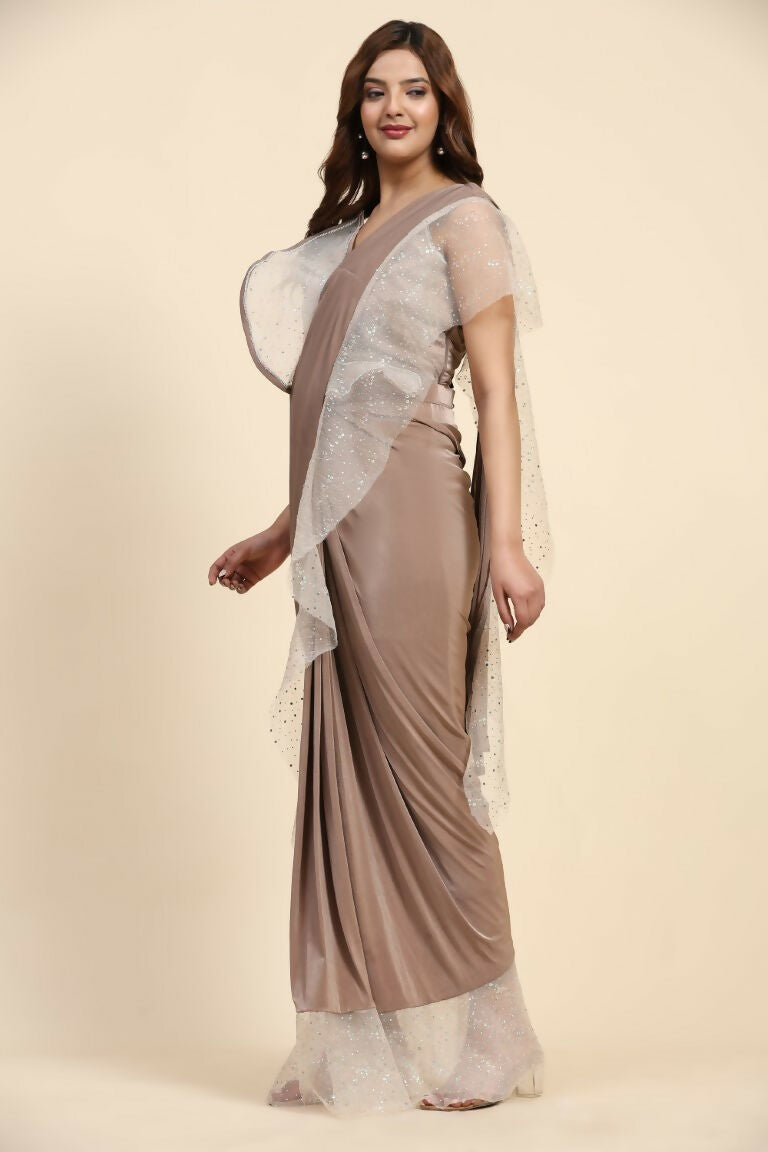 Light Brown Lycra Solid Ready to Wear Saree with stitched Blouse - Nita | Swadesiicart