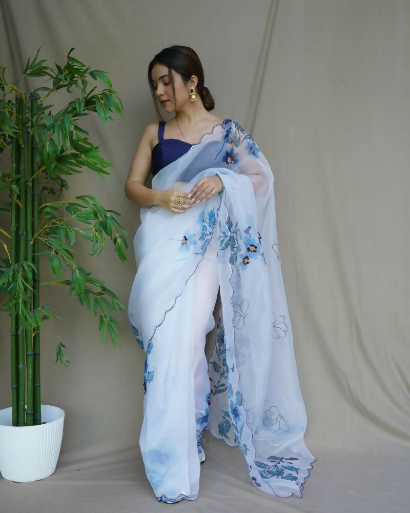 Vamsee Mudra White Organza Saree - Swadesiicart