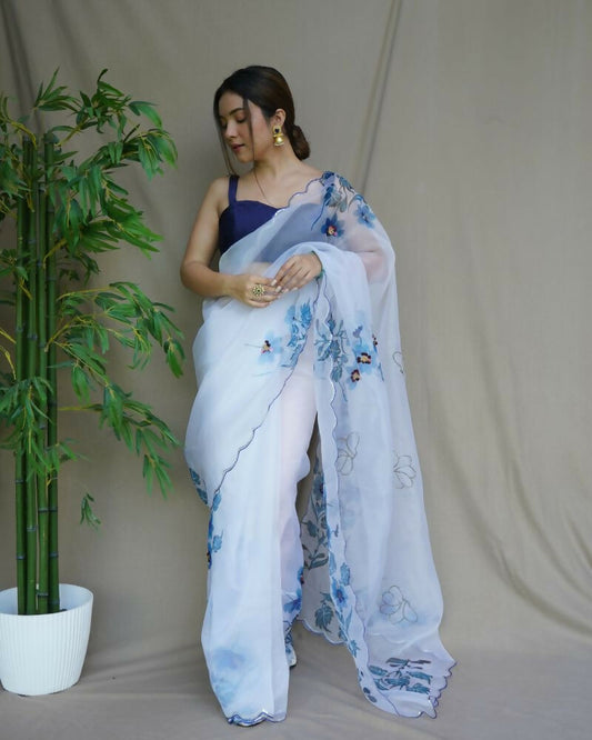 Vamsee Mudra White Organza Saree - Swadesiicart