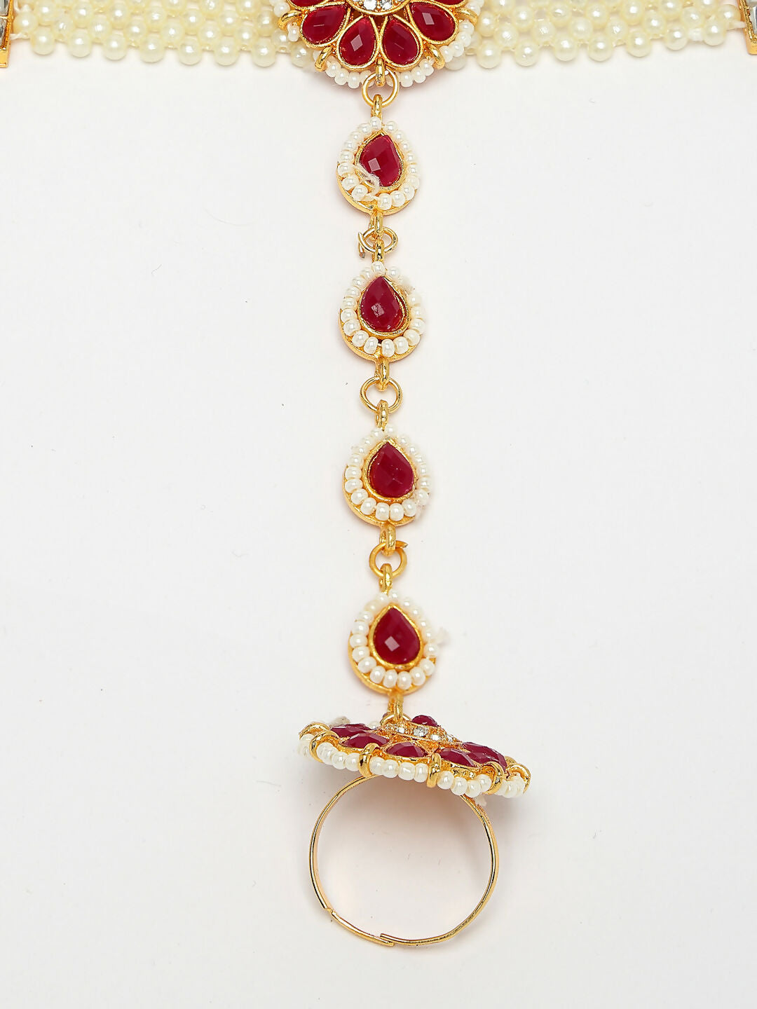 NVR Women's Red Gold-Polished Stone Studded Handcrafted Ring Bracelet - Swadesiicart