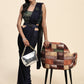 Navy Blue Imported Fabric Plain Ready to wear Saree with stitched Blouse - Vrinda | Swadesiicart
