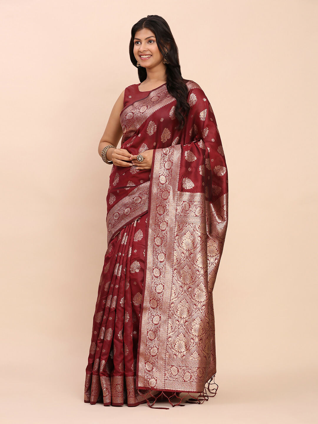 Astita Banarasi Silk Maroon Saree | Swadesiicart
