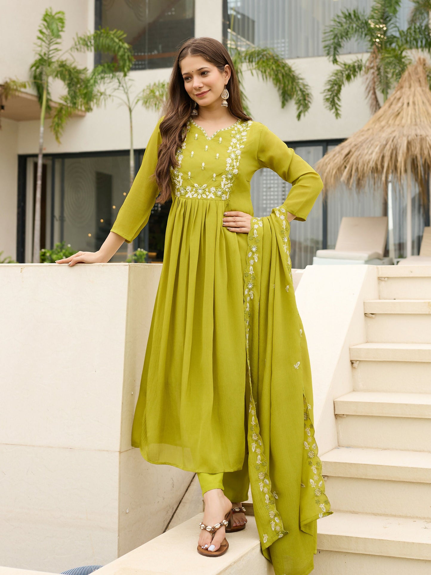 The52 Lemons Women's Gorgeous Chinon Embroidered Flared Kurta with Pant And Dupatta Set - Swadesiicart