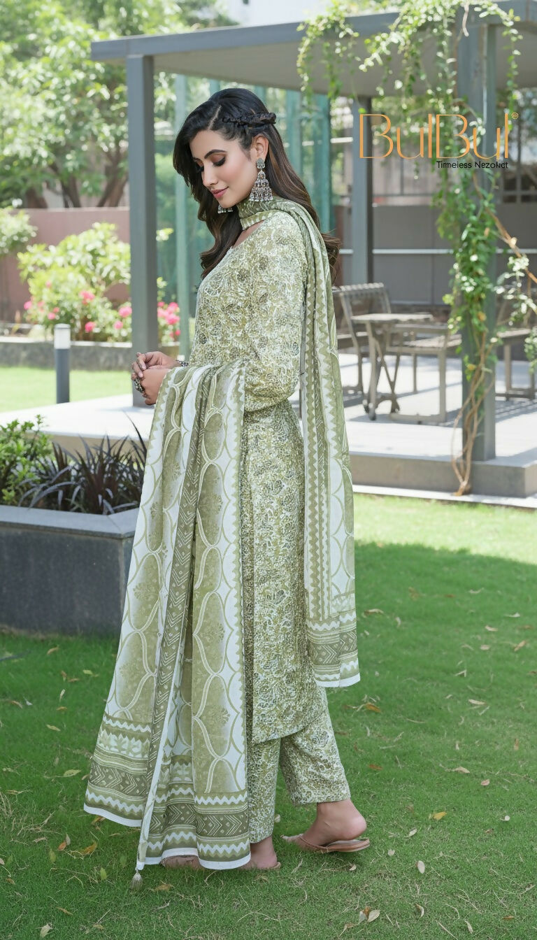BulBul Fashionista Green Cotton Kurta Set with Dupatta - Swadesiicart