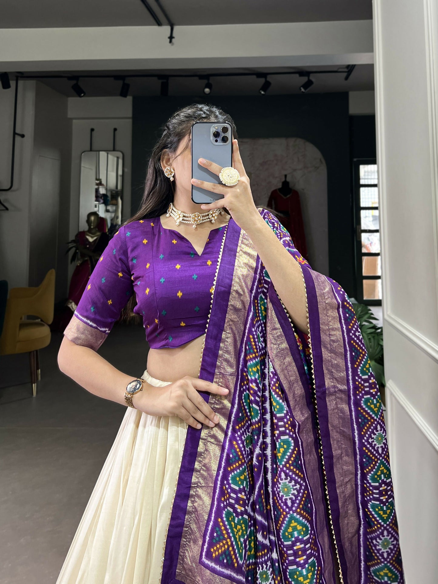 Lorenvalley Offwhite and Purple Tussar Silk Patola Print Lehenga Choli | Swadesiicart