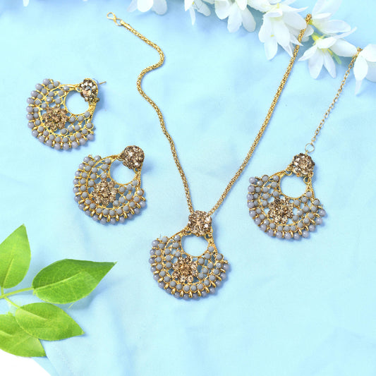 Mominos Fashion Johar Kamal Gold-Polished Brass Finish Long Necklace For Women (Golden/Grey) | Swadesiicart