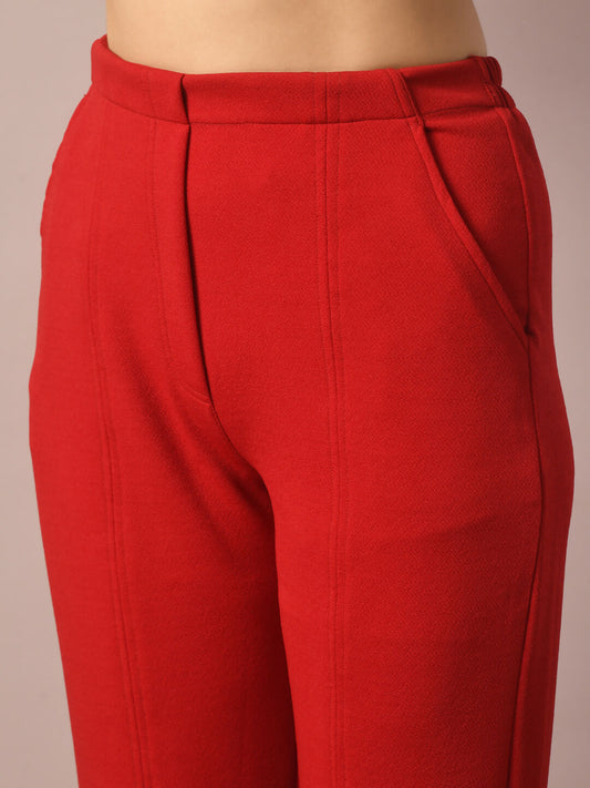 Myshka Women's Red Solid Boat Neck Party Top With Trousers Co-ord set - Swadesiicart