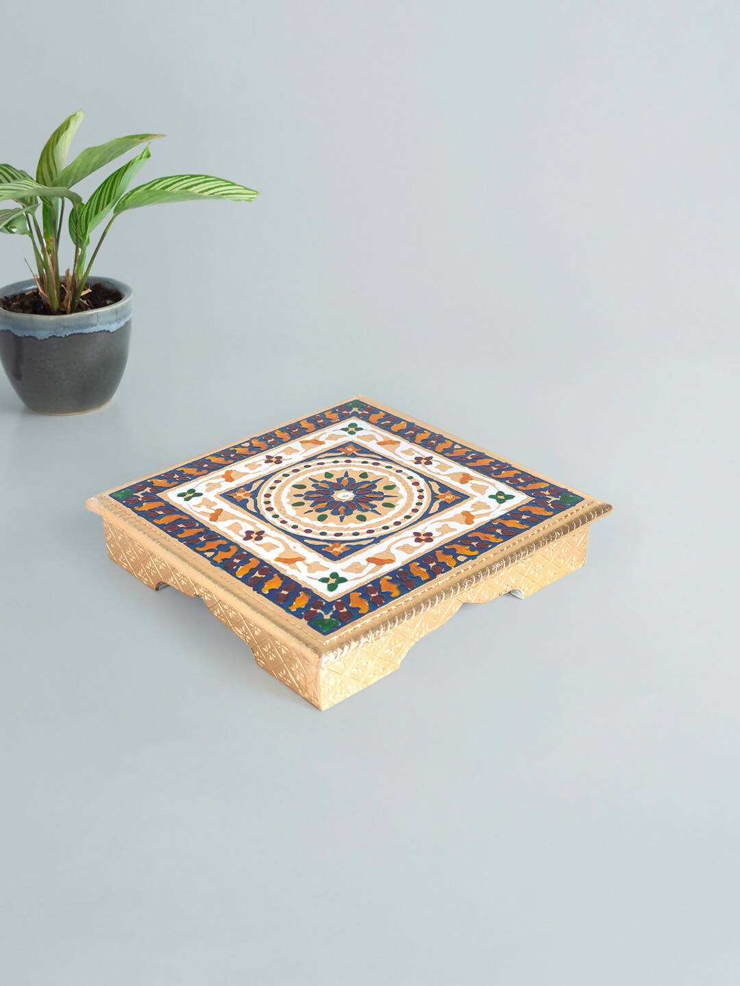 Golden Peacock Gold-Toned & Red Handcrafted Meenakari Wooden Chowki | Swadesiicart