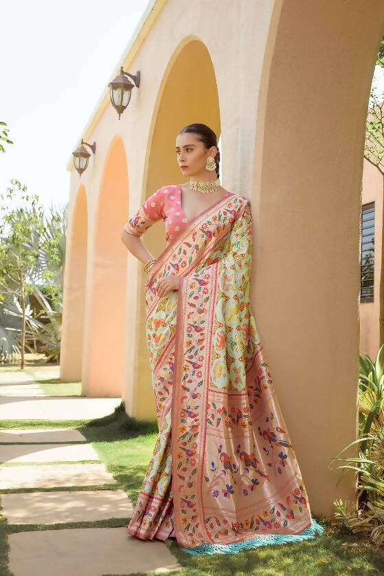 Vishnu Weaves Women's Off White Paithani Silk Zari Woven Saree with Unstitched Blouse - Swadesiicart