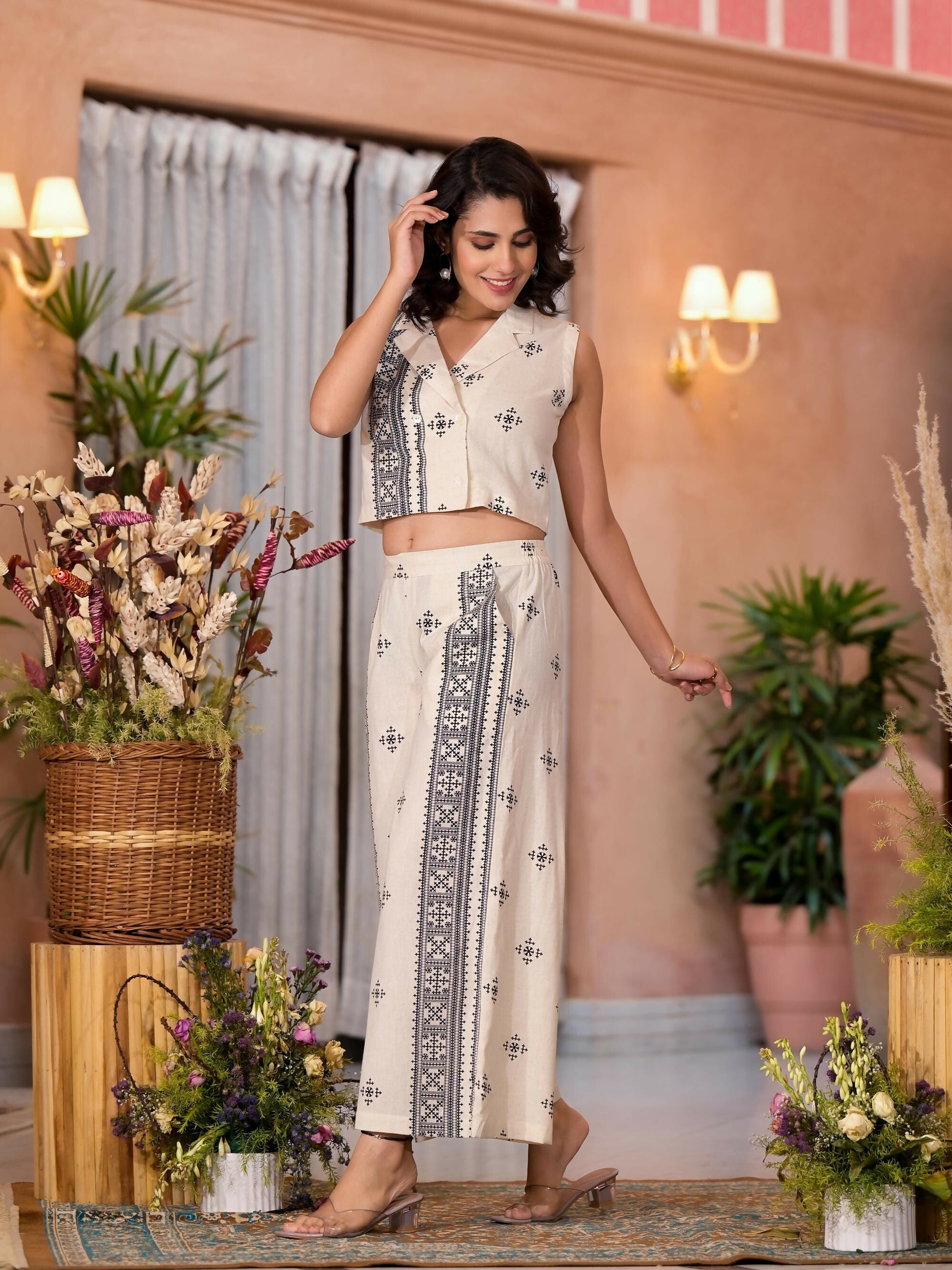 Juniper Women's Natural Ethnic Motif Printed Cotton Top & Palazzo Co-Ord Set With Button Closure - Swadesiicart