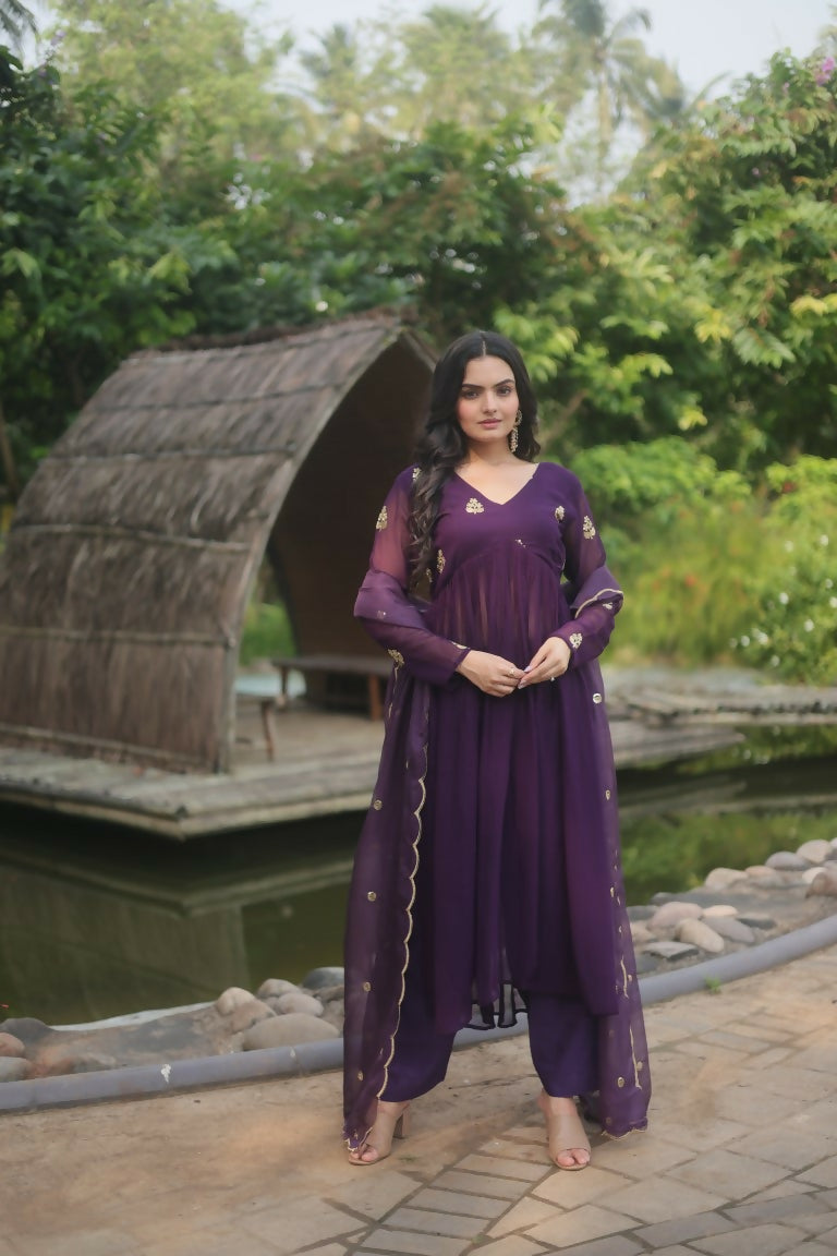Jyoti Fashion Women's Wine Faux Blooming Embroidered Kurta with Trouser & Dupatta | Swadesiicart