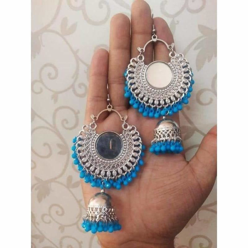 MS Fashion India Chandbali Mirror Design Earrings With Blue Color Pearls And Jhumka Hangings | Swadesiicart